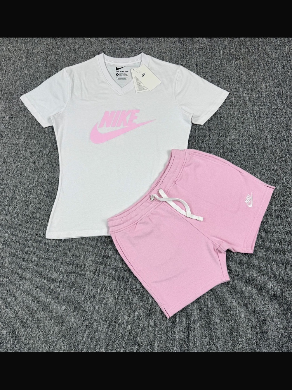 Nike White Tee with Pink Logo and Pink Shorts Set